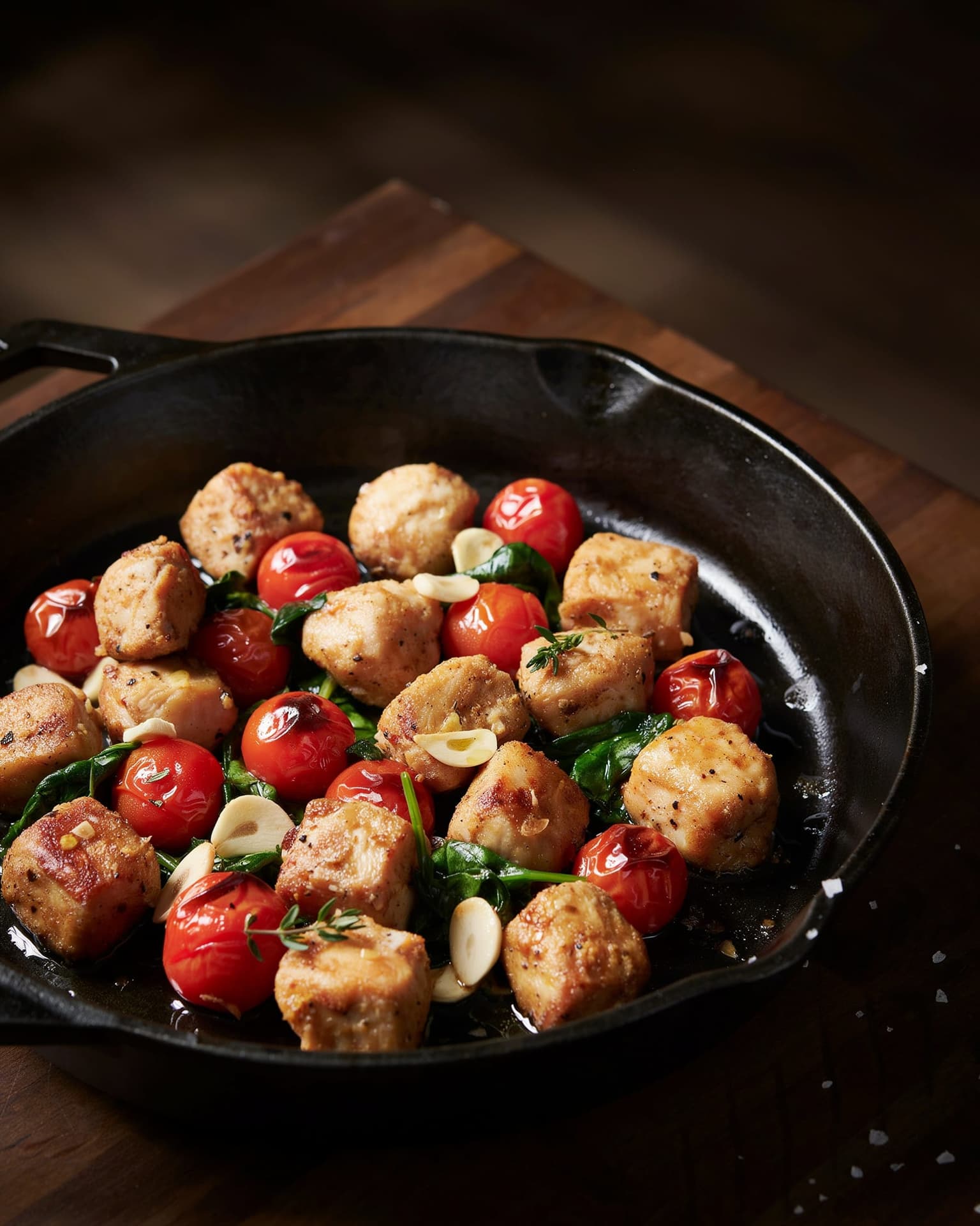 Garlic Butter Chicken Bites with Blistered Tomatoes and Sautéed Spinach